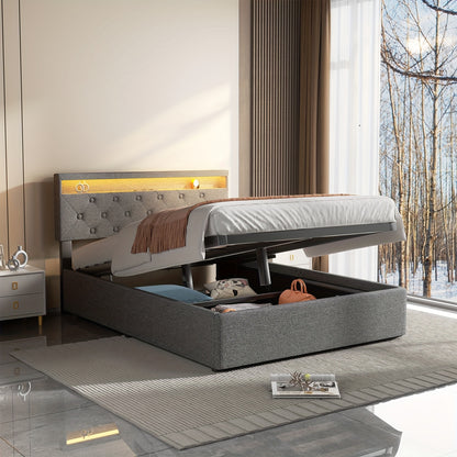 Gestoffeerd Tweepersoonsbed 140x200 cm met Opbergruimte – LED Hoofdeinde, Ottoman Hydraulisch Bedframe met Lattenbodem – Grijs, Modern en Ruimtebesparend (Exclusief Matras)