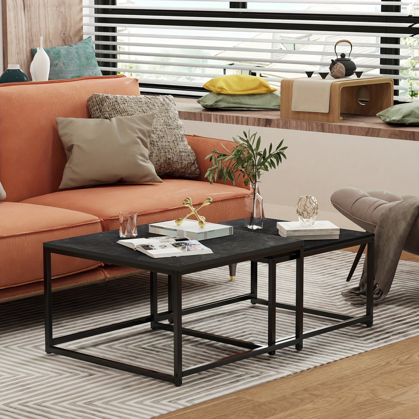 Nesting Salontafels – Bijzettafel – Zijkanttafel – Koffietafel – Stapelbare Tafels – Sintered Stone Donkergrijs/Wit Marmer – Hittebestendig & Krasvast – Set Van 2