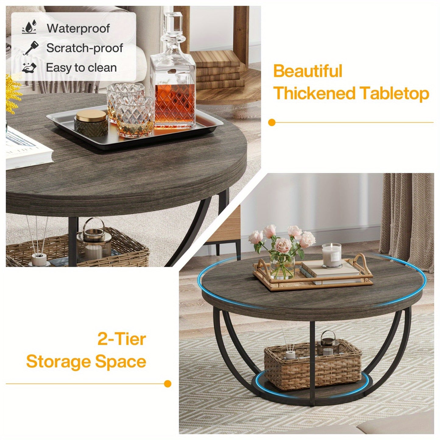Salontafel – Woonkamertafel – Koffietafel – Bijzettafel – Tafel – 32 Inch Rond – Industrieel Design – Tweelaags Opbergruimte – Stevig Gelamineerd Hout – Grijs Zwart