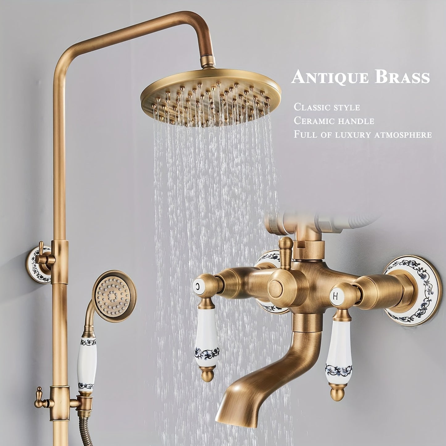 Buitendouche – Tuindouche – Regendouche – Douchekraan – Baduitloop – Antiek Messing – Regendouchekop 20,32 cm – Duurzaam Metalen Materiaal
