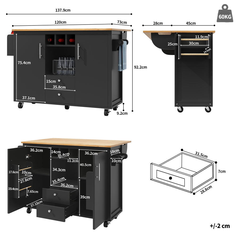 Keukeneiland – Keukentrolley – Keukenkast – Buffetkast – Serveerwagen – 120x92 cm – Zwart – Hout en Staal – Verstelbare Planken en Kruidenrek