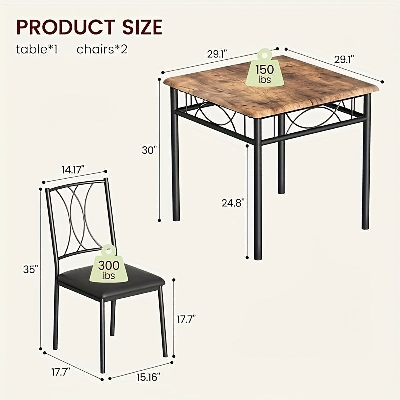 Compact Eettafel Set – Kleine Eetkamer Tafel – Bistro Set – Keukentafel Voor 2 Personen – Vintage Retro Stijl – Metaal En MDF – Padded Stoelen & Stevige Frame – Bruine Houtnerf Afwerking