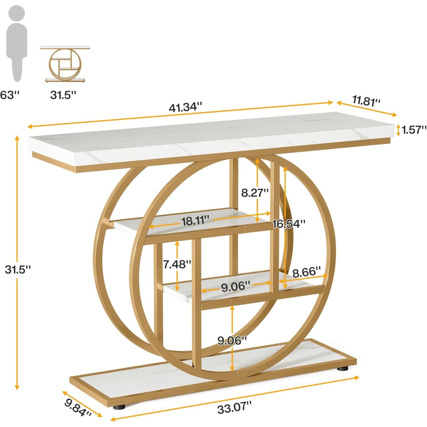 Moderne Sidetable – Console Tafel – Sofa Tafel – Haltafel – Wandtafel – Industrieel Design – 105 x 30 cm – Wit Met Gouden Accenten – 4 Treden Met Opbergruimte