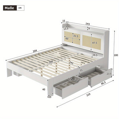 Bedframe – Tweepersoonsbed – Platformbed – Opbergbed – Slaapbank – 140x200 cm – Wit – Met Opberglades – Stevig Ontwerp Tot 200 kg