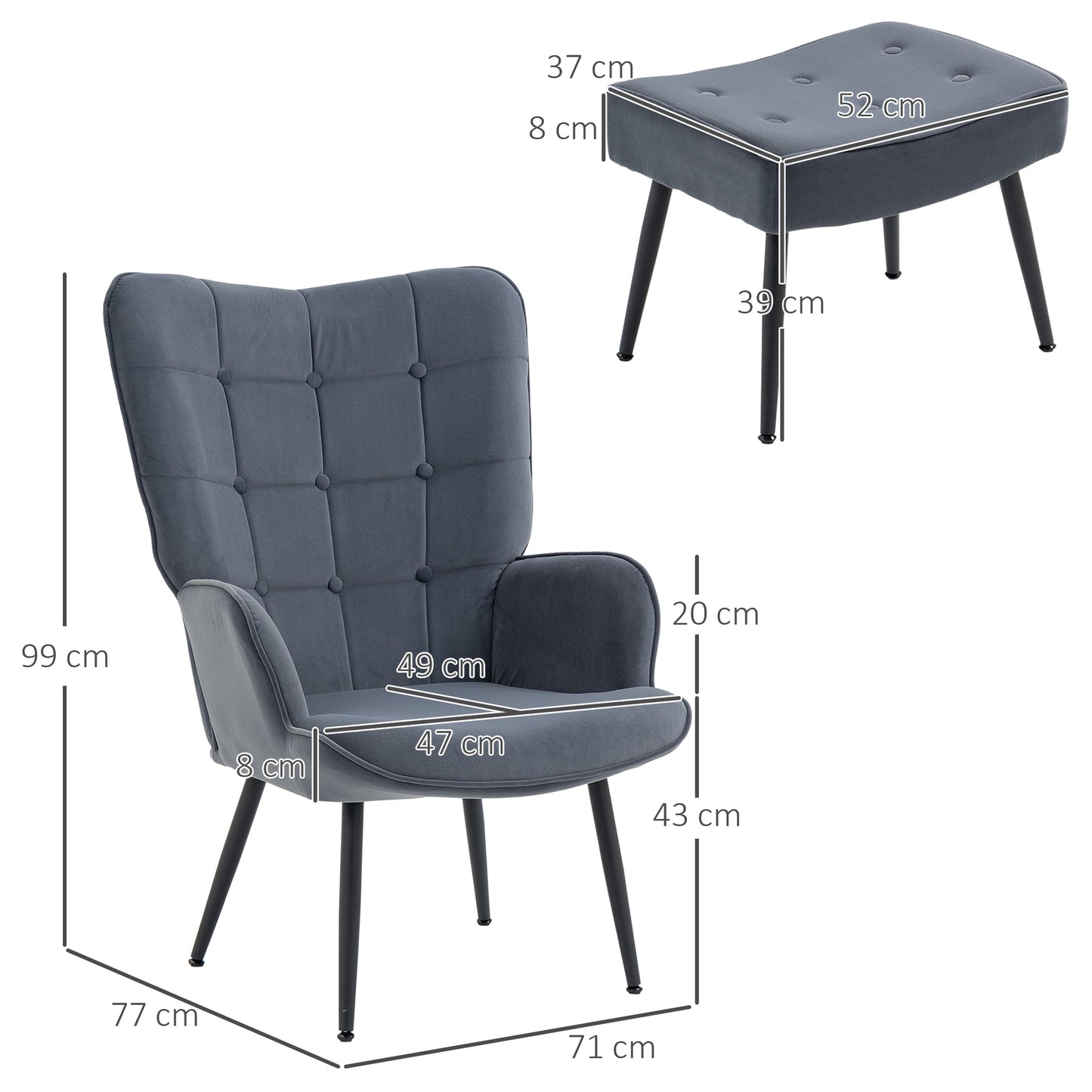 Fauteuil Met Ottoman – Relaxstoel – Zetel – Lounge Stoel – Leunstoel – Donkergrijs – Button-Tufted Bekleding – Draagkracht 120 Kg