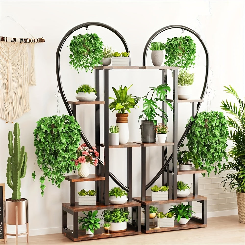 Plantenrek – Plantenstandaard – Bloemenrek – Plantentafel – Plantenetagère – Set van 2 Hartvormige Standaards – MDF en Metaal – 6 Lagen