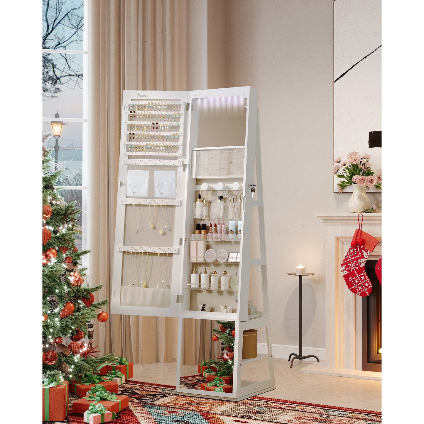 Sieradekast – Sieradenkast – Jewelry Organizer – Sieradenopberger – Make-up Kast – 360° Draaibare Spiegel – Veilig Afsluitbaar – 4 Lade Opbergvakken – Wit Met Beige Voering