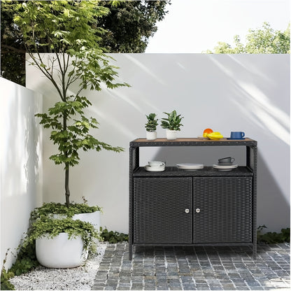 Wicker Opbergkast Buiten – Buitenmeubel – Tuinkast – Bar Tafel – Opbergtkast – Weerbestendig Wicker – Compact Design – Praktische Plank – Grijs