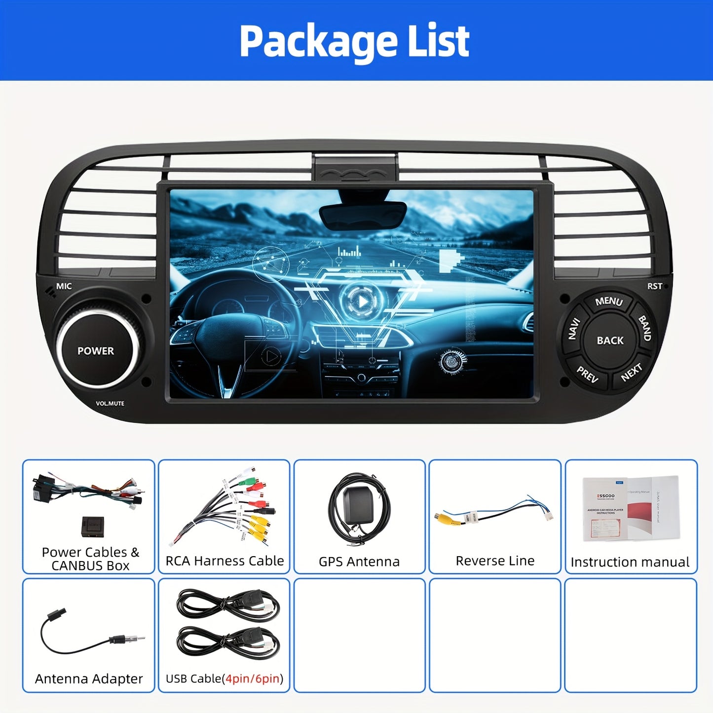 ESSGOO 4G+64G Auto Radio Android 14 Car Stereo Multimedia Player 2 DIN 7 inch/17.78cm HD Screen For Fiat 500 2007-2015 With Wireless Carplayer, Android Auto, WiFi FM RDS USB SWC CANBUS (AHD Camera&Microphone&DVR for optional)