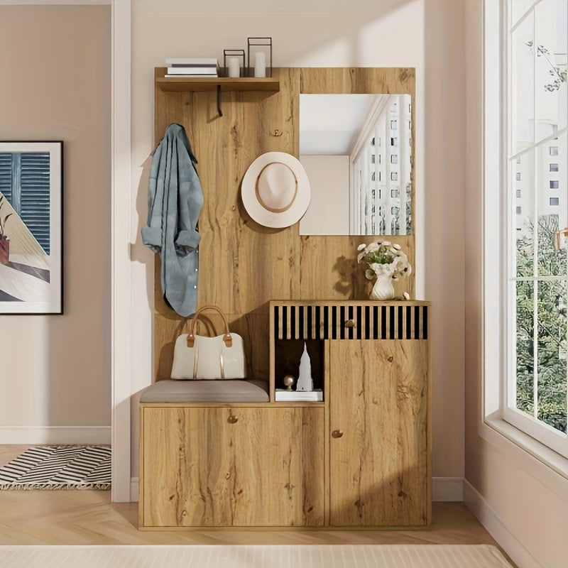 Halmeubel – Halkast – Garderobekast – Schoenenkast – Kapstok – Compact – Bamboe Materialen – Met Spiegel & Zitkussen – Ruimtebesparend Voor Smalle Hal