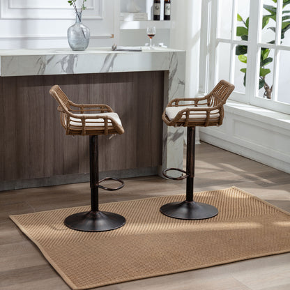 Barstoel – Barkruk – Barkrukken – Barstoelen – Keukenstoel – Verstelbare Hoogte – Beige Linnen Kussen – Zwarte Metalen Poot – Set Van 2 – Met Voetsteun – Direct Gebruiksklaar