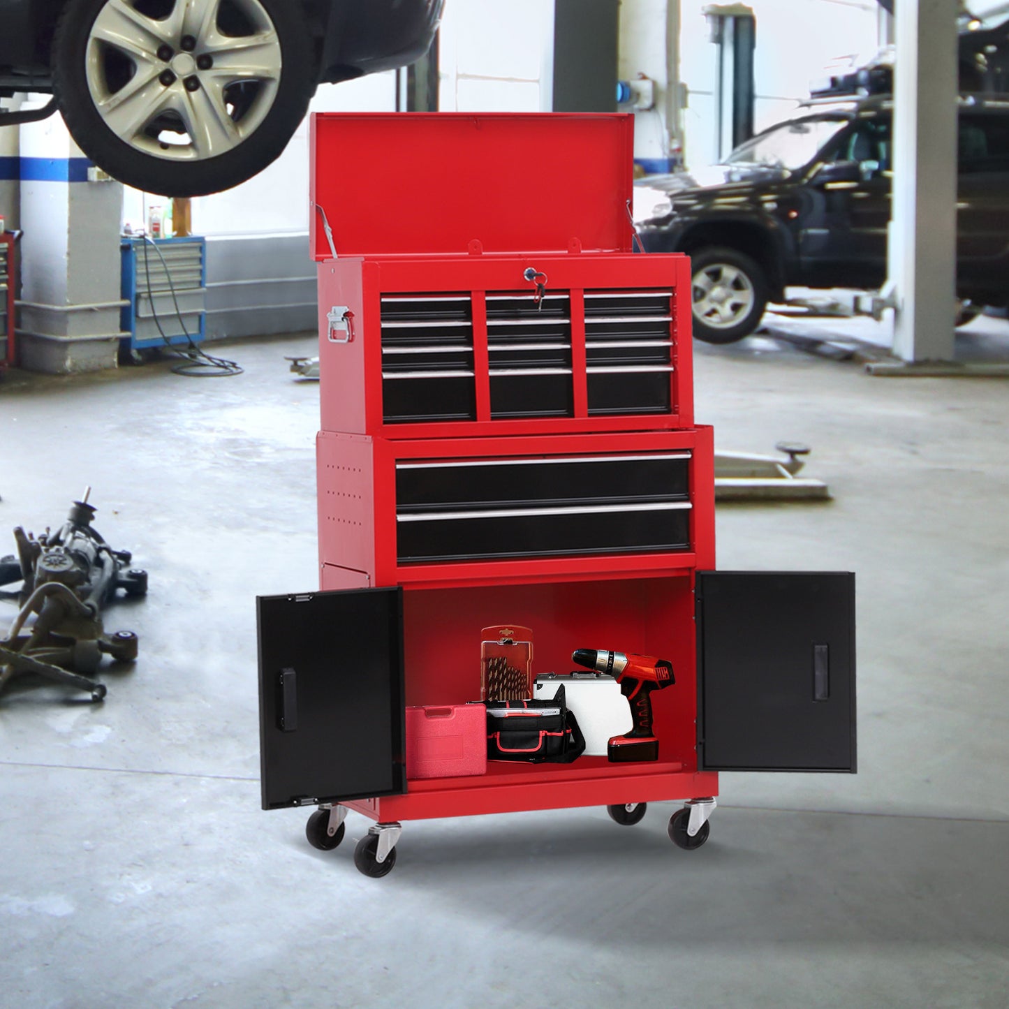 Gereedschapswagen – Werkplaatswagen – Gereedschapstrolley – Gereedschapskar – Gereedschapskast – 6 Lades + Afneembare Gereedschapskist – Stalen Constructie – Rood/Zwart