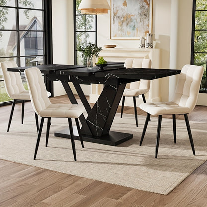 Extendable Dining Table (120-160 * 75cm), Table, Kitchen Table, Extendable Table, Can Be Extended to 120-160cm with The Help Of Internal Inserts, Suitable for Kitchen And Living Room, Black Marble Pattern Dining Table