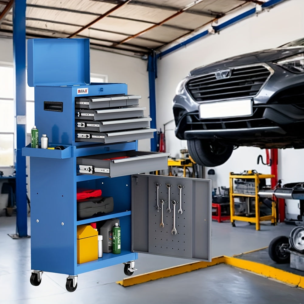 Toolkast – Gereedschapskast – Werkplaatskast – Ladekast – Opbergkast – 7 Laden – Slot – Zware Kogellagers – Mobiel – Stalen Frame – Blauw-Grijs