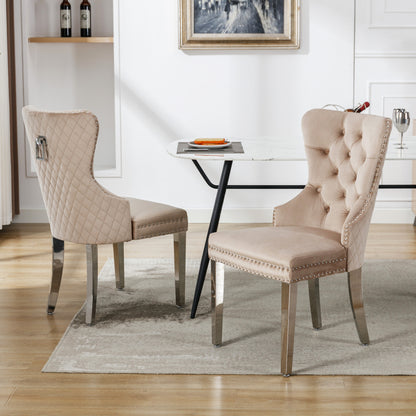Dining room chair Kitchen chair Living room chair with unique door knocker on the back 2pcs Upholstered chair with nail head trim Support legs made of metal Cover made of beige velvet, Kitchen Seating, Vintage Style Chair, Cl