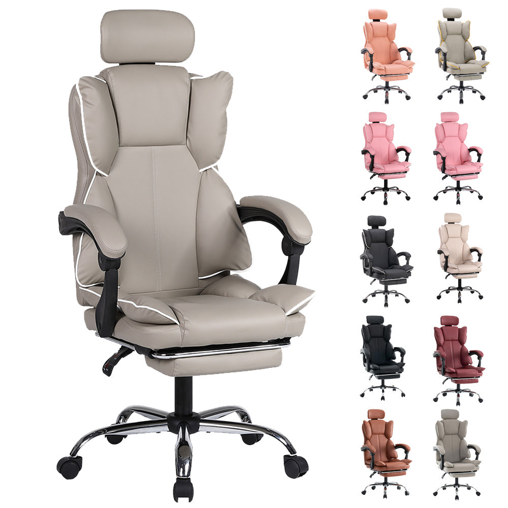 Gamingstoel – Gamestoel – Gaming Chair – Game Stoel – Bureaustoel – Ergonomisch Verstelbaar – PU Leder Met 5-Wielbasis – Zacht Schuim – Kaki Met Witte Biezen