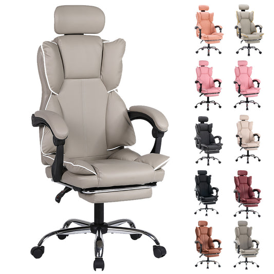 Gamingstoel – Gamestoel – Gaming Chair – Game Stoel – Bureaustoel – Ergonomisch Verstelbaar – PU Leder Met 5-Wielbasis – Zacht Schuim – Kaki Met Witte Biezen