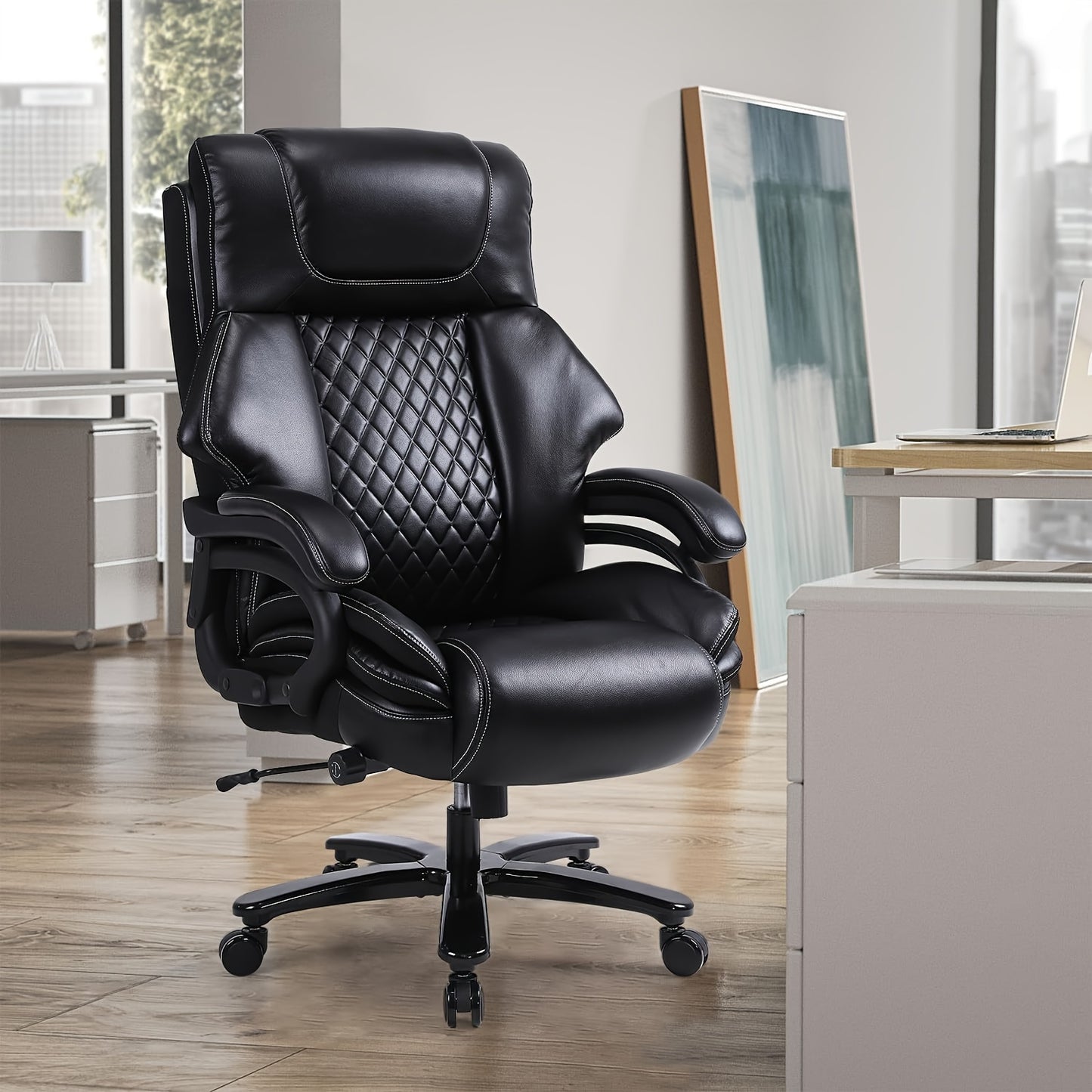 Bureaustoel – Office Chair – Draaistoel – Desk Chair – Executive Chair – Ergonomisch – Hoog Draagvermogen 200 kg – Verstelbare Lendensteun – Leder Zwart