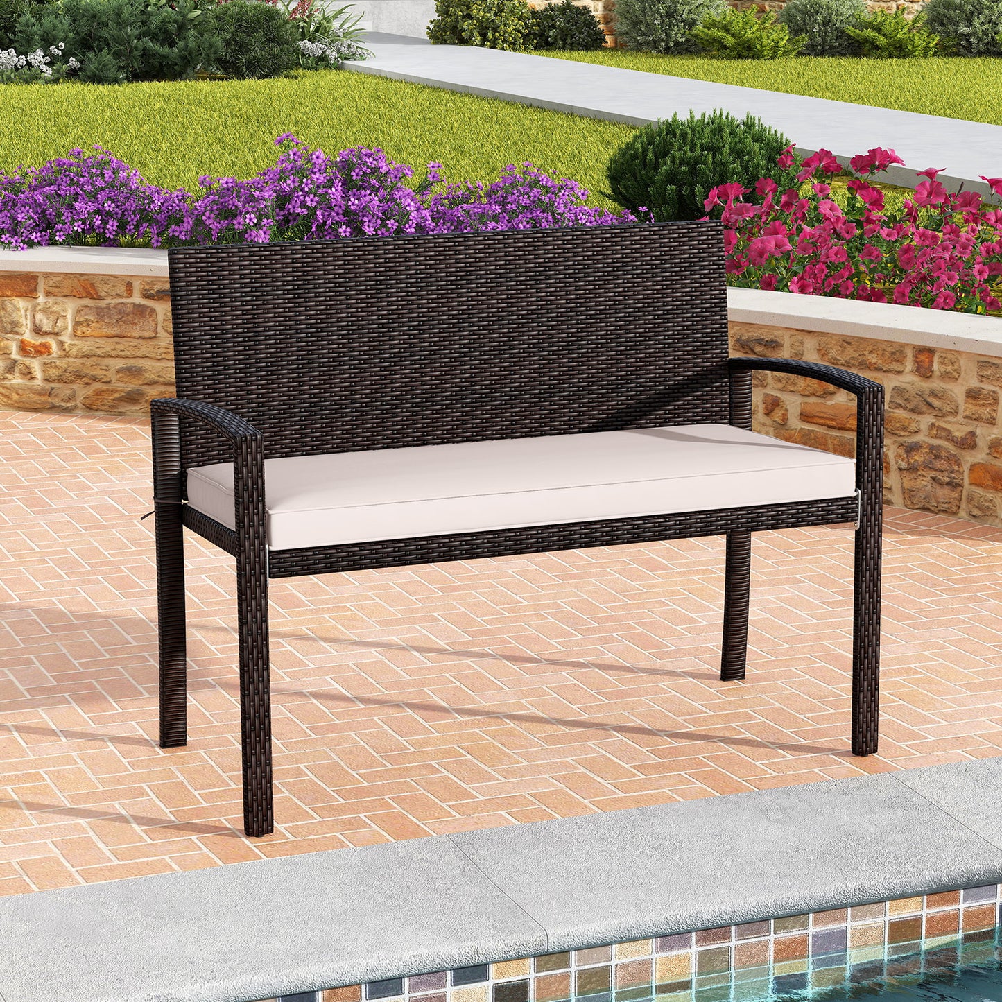 Patio Loveseat – Tweezitsbank – Buitenbank – Rattan Bank – Tuinmeubel – Duurzaam Metalen Frame – Inclusief Zacht Afritsbaar Kussen