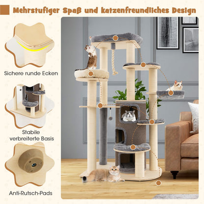 Krabpaal – Klimmeubel – Kattenmeubel – Kattenhuis – Speelboom – 173 cm Hoog – Massief Hout Met Sisal & Pluche