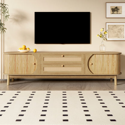 TV-Meubel – TV-Kast – TV-Board – Lowboard – Media Meubel – Hout Met Rattan Optiek – Schuifdeur Met Opbergruimte – Scandinavisch Design 170x39,5x46 cm