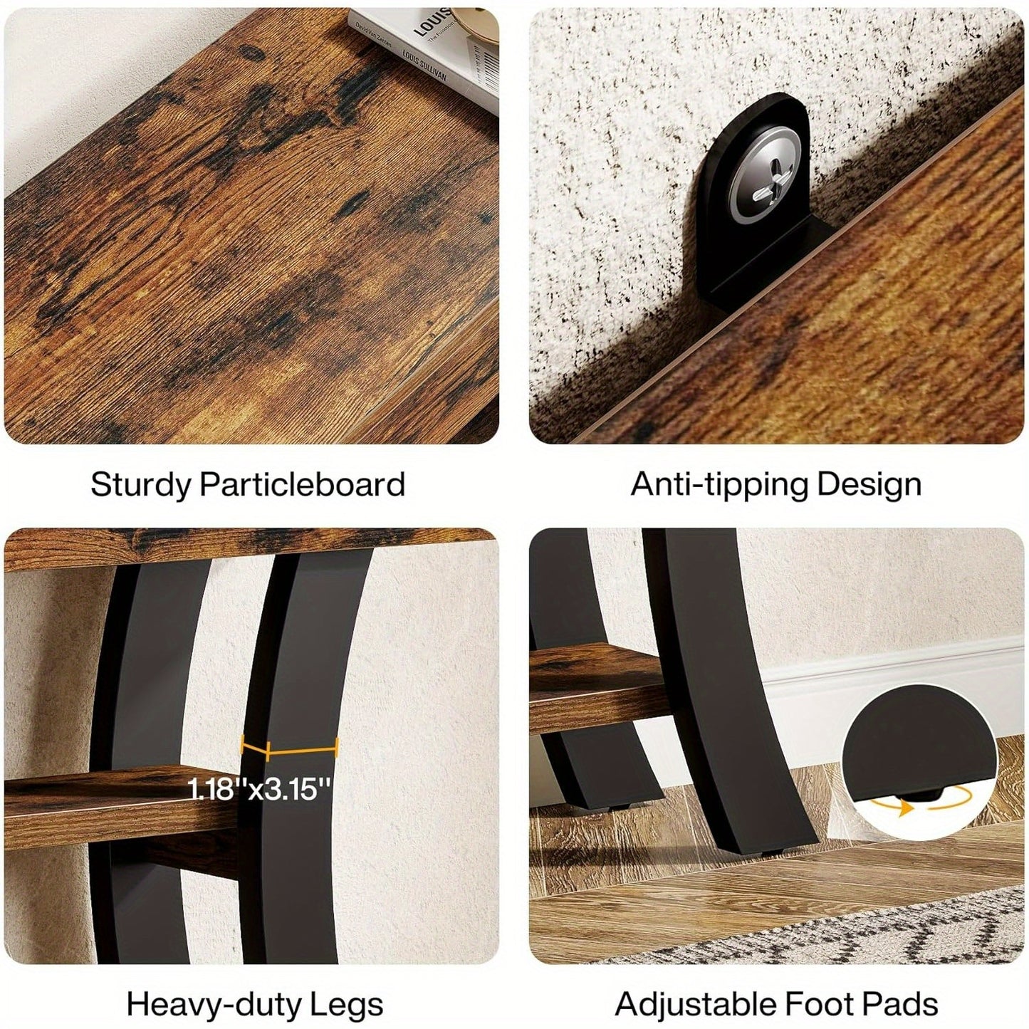 Sidetable – Haltafel – Sofa Tafel – Console Tafel – Wandtafel – 104 cm – 3 Opbergplanken – Rustic Brown – Gebogen Frame