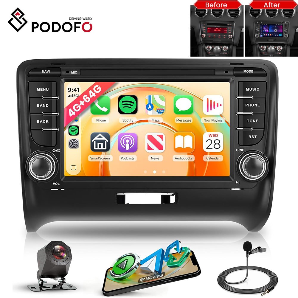 PODOFO [4+64G] Android 15 7-inch for Audi TT MK2 8J 2006-2014, Wireless Carplay/Android Auto, Android EQ AI DSP/GPS/WiFi/BT5.0/FM/Mirror Link+Backup Camera+Mic, A Perfect Gift for Dad and Drivers, Merry Christmas Gifts, Black