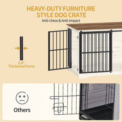 HZUANERI 110cm Metal Dog Crate with 2 Doors, Reinforced Sliding Door & Side Table - Modern Indoor Pet Cage for Small/Medium/Large Dogs Up to 100kg, White, Durable Metal Construction for Secure & Comfortable Use, Dog Crate Fur