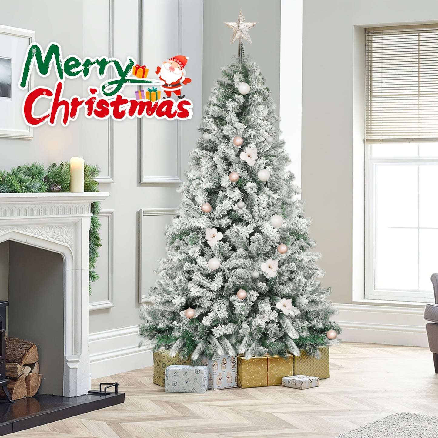 Kunstkerstboom – Kunstboom – Kerstboom Met Sneeuwvlokken – Nepspar – Flocked Kerstboom – 210 cm Hoog – Duurzaam PVC Met Inklapbare Metalen Stand