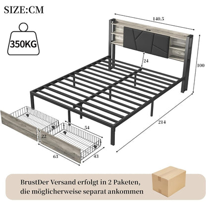 Tweepersoonsbed – Bedframe – Led Bed – Bed Met Opbergruimte – Met USB Poort – 160x200 Cm – Metaal En Hout – Met Ladeopslag