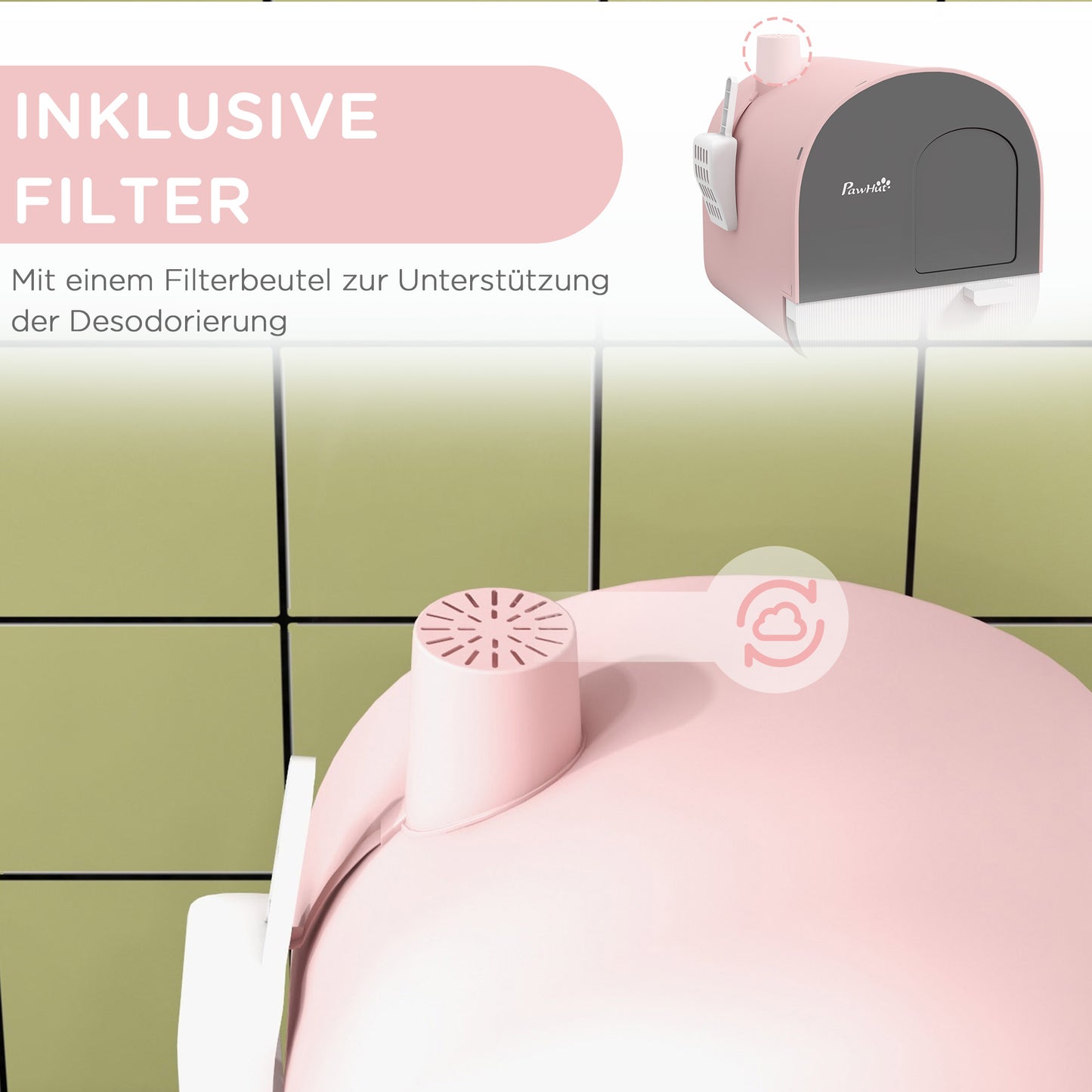 Kattentoilet – Kattenbak – Kattentoilet Met Deksel – Kattenbaksysteem – Kattenbak Met Schep – Gesloten Design – Inclusief Kattenbakmat – Duurzaam Kunststof – Roze/Zwart