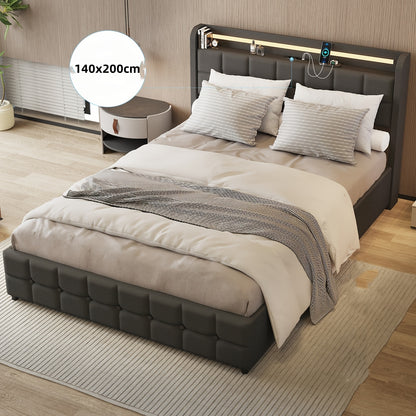 Modern Gestoffeerd Tweepersoonsbed 140x200 cm – 2 Lade-opslag & RGB-Free LED Hoofdeinde – Grijs, Eenvoudige Montage (Exclusief Matras)