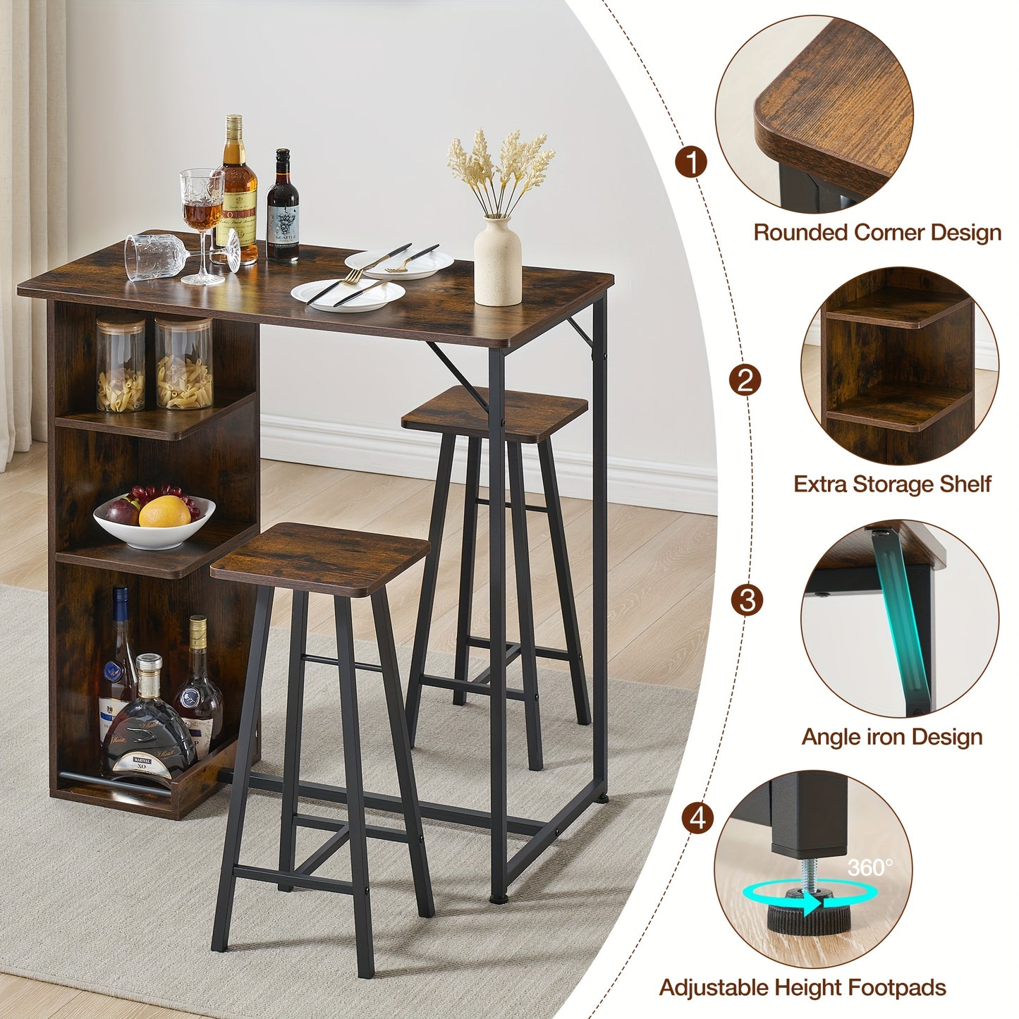 3-delige Barset – Barkrukset – Bistroset – Keukentafelset – Eettafelset – Compact Design – MDF Metalen Frame – Bruin