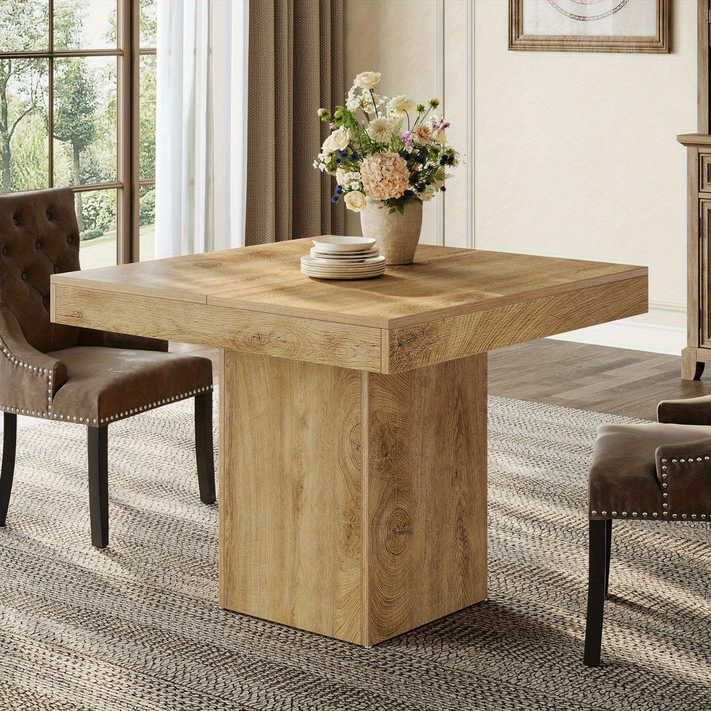 39-Inch Square Dining Table for 4, Farmhouse  Kitchen Dinner Eating Table with Sturdy Pedestal Base, Wooden Dining Room Furniture for Dining Room, Kitchen, Apartments, Natural(1pc)