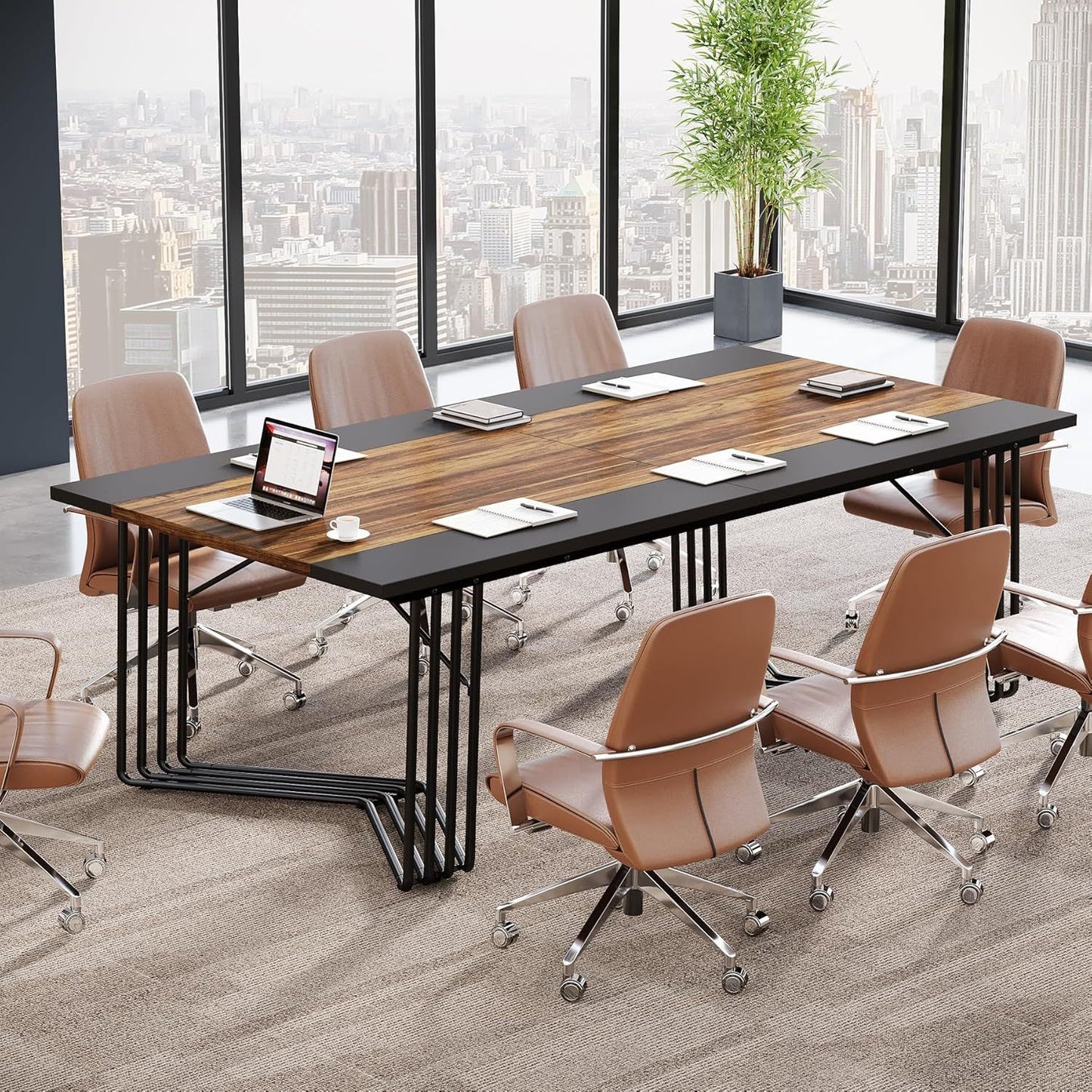 Vergadertafel – Bureautafel – Seminartafel – Kantoortafel – Trainingstafel – Rustiek Bruin Zwart – Geometrisch Metalen Frame – 200x100 cm Groot Werkblad