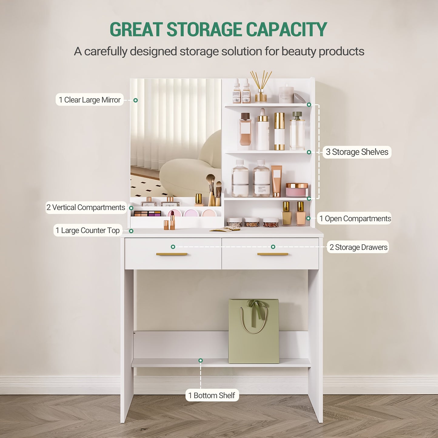 Kaptafel – Make-up Tafel – Schminktisch – Vanity Table – Dressing Table – Wit Met Spiegel – 4 Open Schappen & 2 Lades