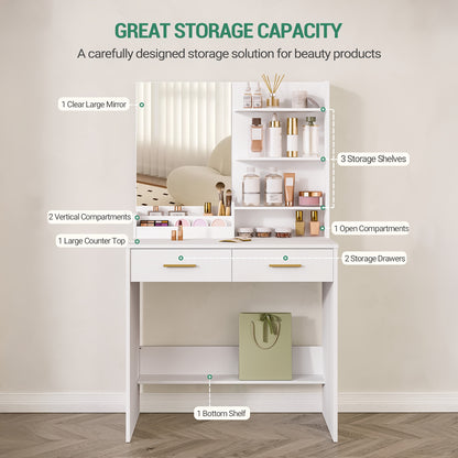 Kaptafel – Make-up Tafel – Schminktisch – Vanity Table – Dressing Table – Wit Met Spiegel – 4 Open Schappen & 2 Lades