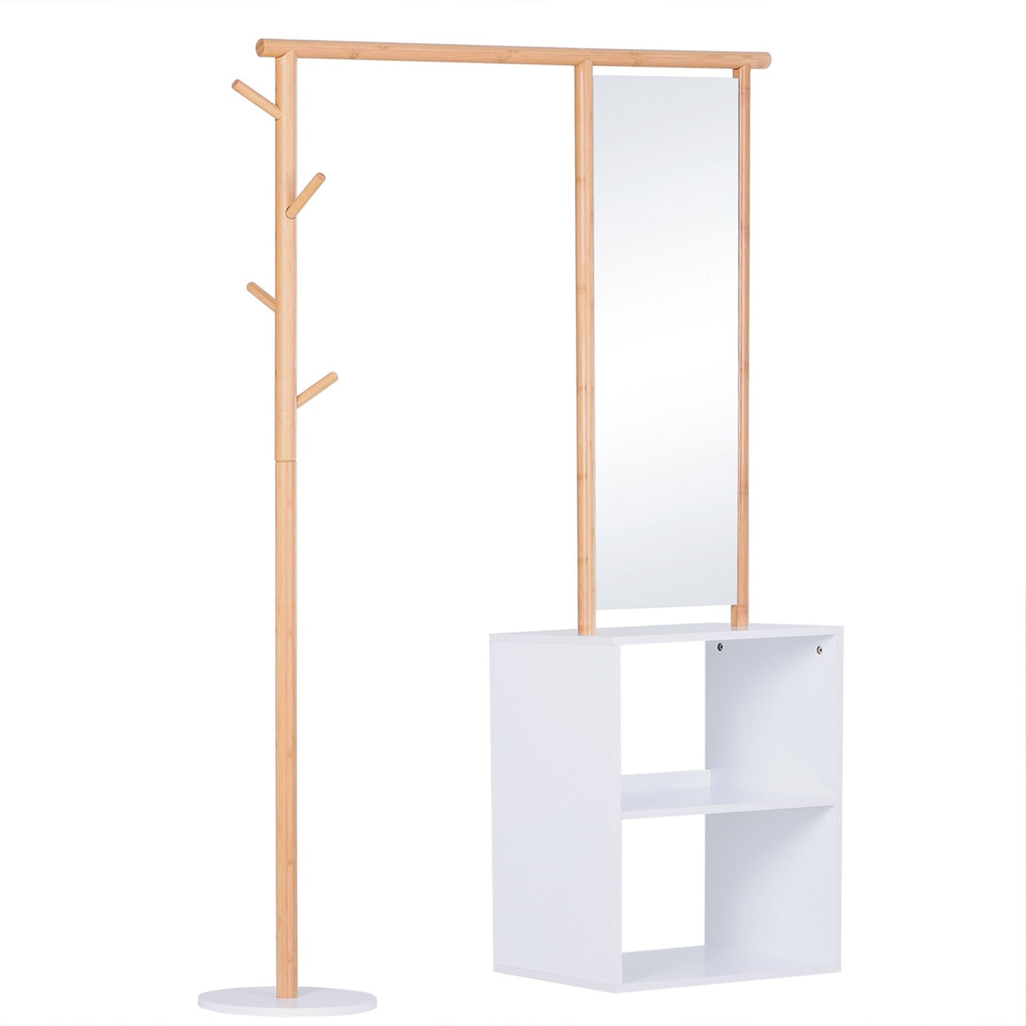 Kapstok – Wandkapstok – Garderoberek – Kapstok met Spiegel – Opbergkast – MDF en Bamboe – 4 Haken – 100x34x164 cm – Wit
