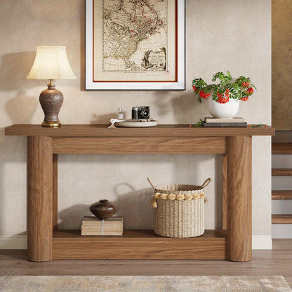 Console Tafel – Sofa Tafel – Sidetable – Haltafel – Accenttafel – 160 cm – U-Vormige Grijze Basis – Vintage Brown & Gray – Houten 2-Lagen – Landelijk Design