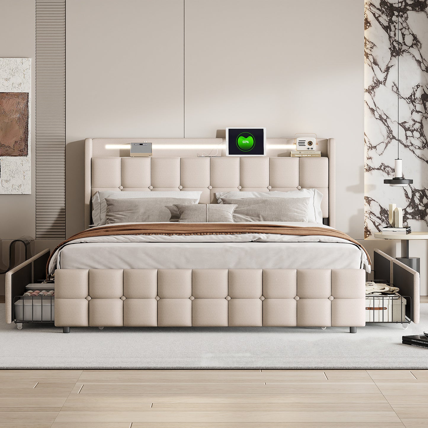 Bedkast 160x200 – Gestoffeerd Bed – Tweepersoonsbed – Opbergbed – Boxspringbed – Linnen Bekleding – 4 Ruime Lades – Lattenbodem