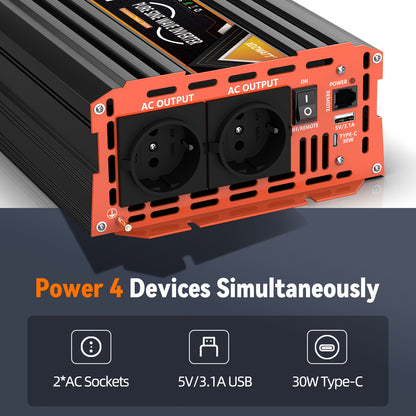 Portable Car Inverter Peak Power 7000W/6000W/4000W/3000W/2000W Power Pure Sine Wave Inverter DC 12V 24V To AC 220V With LCD Display & Remote, 2 EU Sockets | Control Car Power Voltage Converter Power Inverter Multifunction, Wi