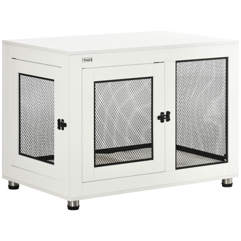 Hondenbench – Hondenkooi – Hondenhok – Hondenbench Met Tafelblad – Hondentafel – Wit/Zwart – Met Zacht Kussen – 2 Deuren – 94 x 60 x 71,5 cm