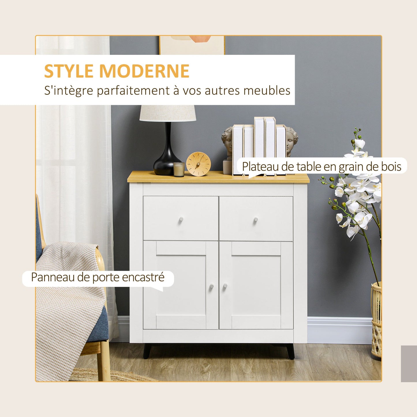Kast – Opbergkast – Dressoir – Buffettafel – Meubel – Wit – Houtlook Plank – Soft-Close Deuren – Anti-Kantel Beveiliging