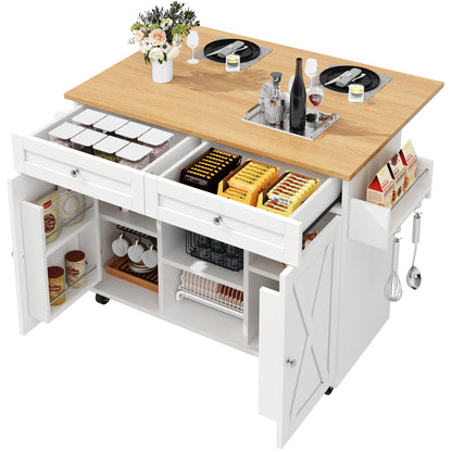 Modern White Wood Grain Kitchen Island with Dining Table, Multifunctional & Dining Cart - Easy Assembly Required, Space-Saving Heavy-Duty Furniture for small Kitchens, Apartments, Homes (Metal Frame)