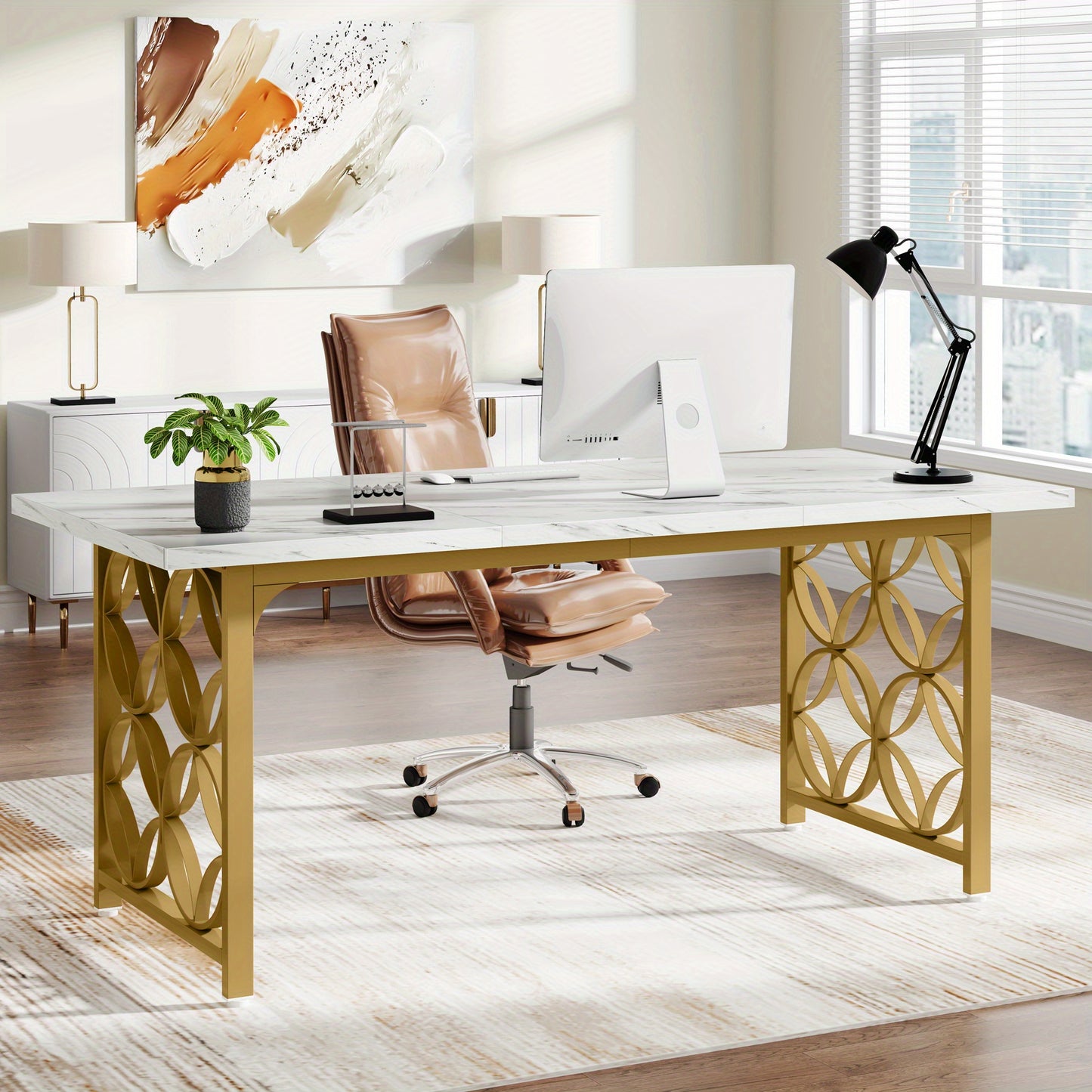 Conferentietafel – Vergadertafel – Bureautafel – Ontmoetingstafel – Werktafel – Wit met Gouden Accenten – Verstelbare Hoogte 68,5 cm – Stevig MDF Tafelblad en Metalen Frame