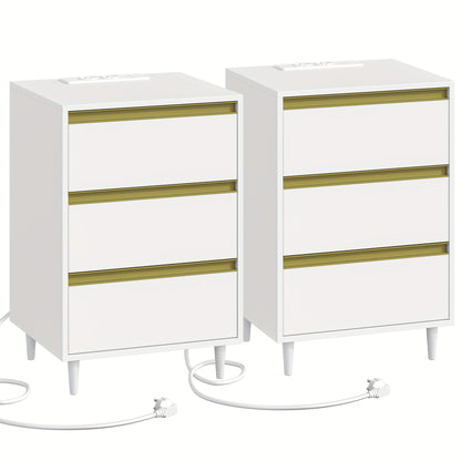 Witte Nachtkastjes – Nachtkastje – Bedkastje – Slaapkamerkastje – Bedtafeltje – Set Van 2 Met 3 Laden – Modern Minimalistisch Design – Massief Hout En Spaanplaat – 35x40x60 cm – Duurzaam En Praktisch