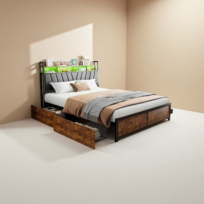 Bedframe – Bedbodem – Bedframe Met Laden – Bedombouw – Bed Met Opbergruimte – 180x200 cm – LED Verlichting Met USB Opladen – Zwart Met 4 Laden