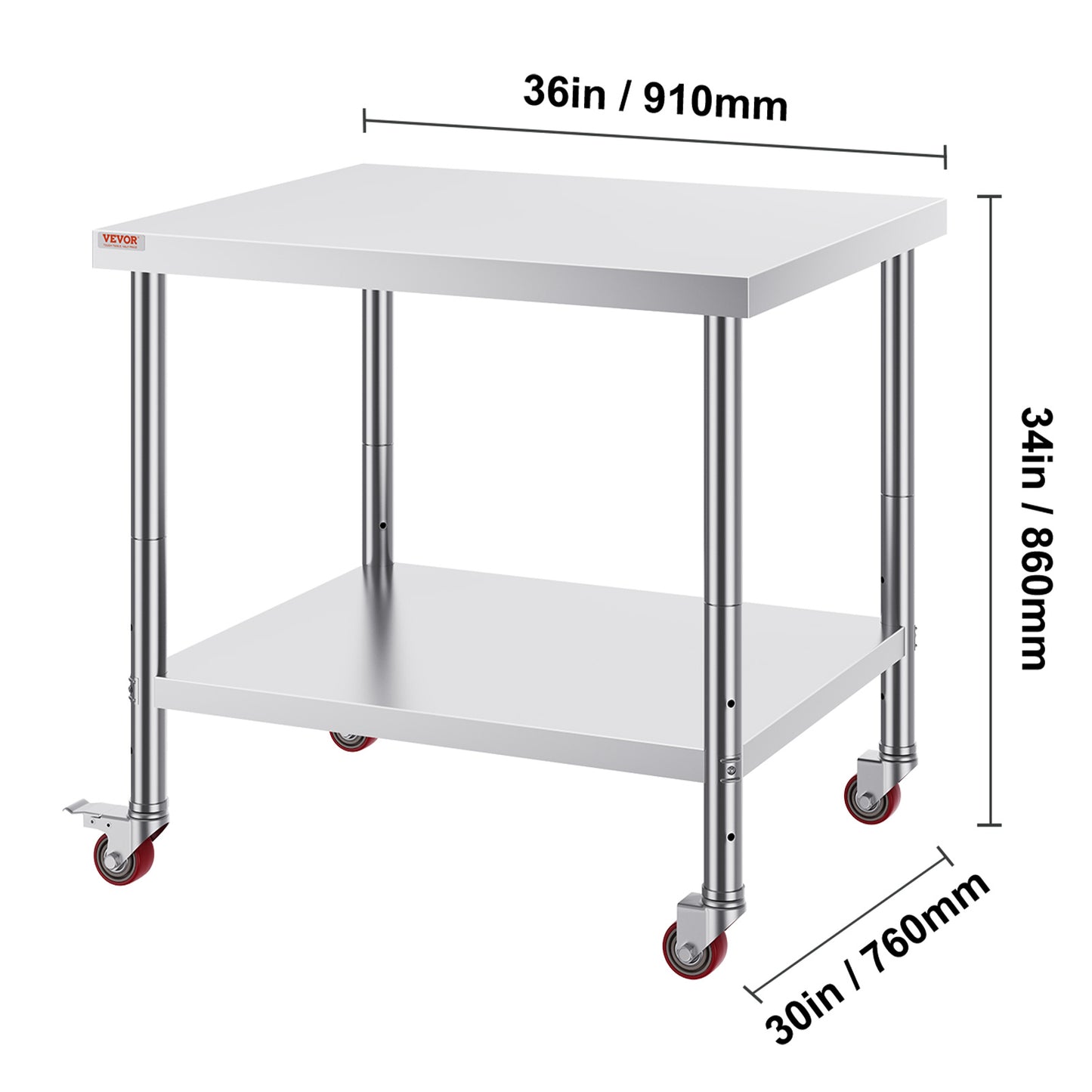 RVS Werktafel – Roestvrijstalen Werkbank – Catering Werkbank – Keukentafel – Foodprep Tafel – 91 x 76 x 86 cm – Verstelbaar Onderrek en 4 Zwenkwielen met Remmen