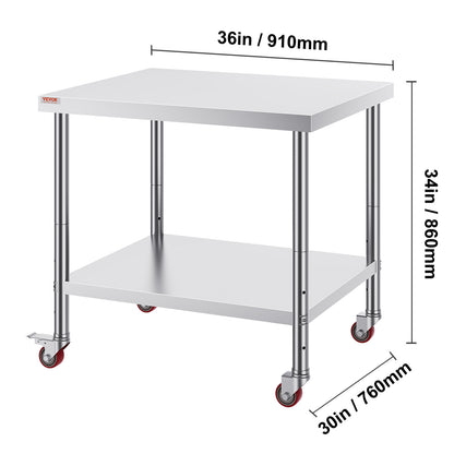 RVS Werktafel – Roestvrijstalen Werkbank – Catering Werkbank – Keukentafel – Foodprep Tafel – 91 x 76 x 86 cm – Verstelbaar Onderrek en 4 Zwenkwielen met Remmen
