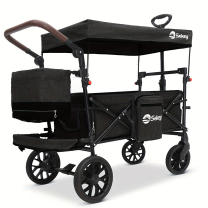 Opvouwbare Handwagen – Vouwwagen – Bolderkar – Transportkar – Trolley – XXL PU-wielen 24/20 cm – Schokabsorberende Vering & Comfortabele Gevoerde Zitting – Zwart